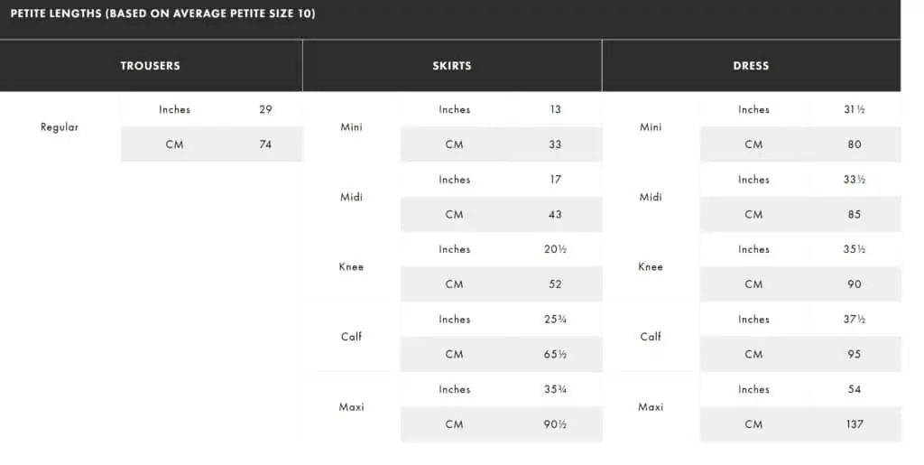 Asos petite size chart