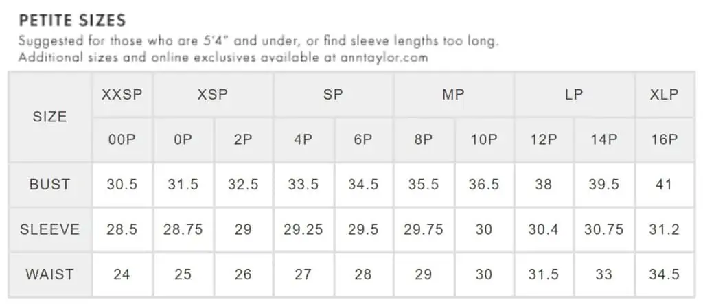 ann taylor petite size chart