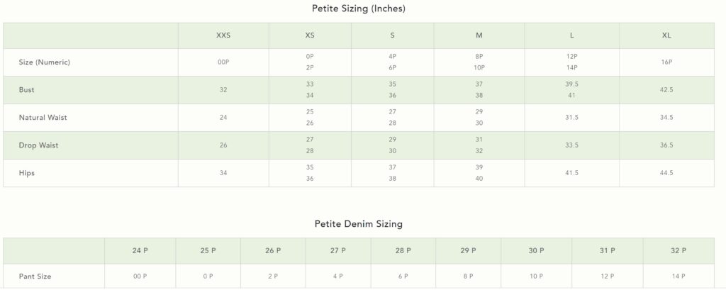 Anthropologie petite size chart