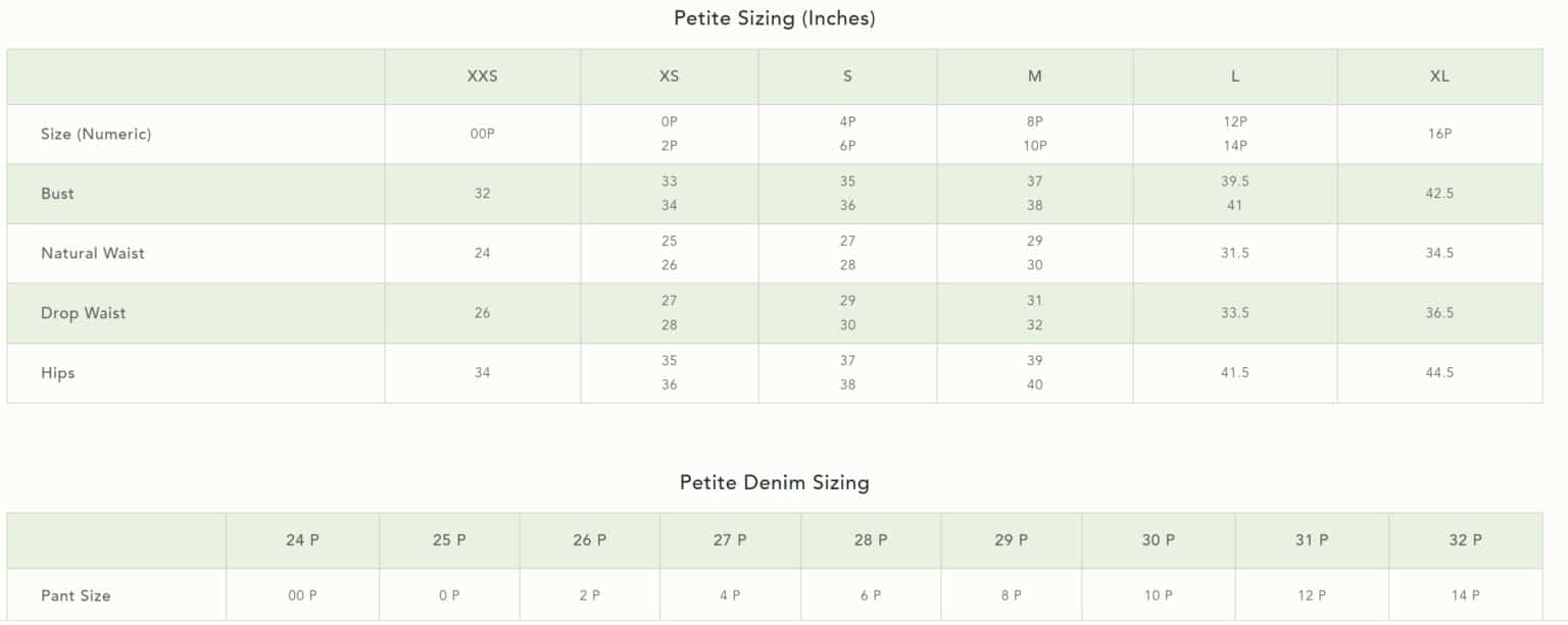 anthropologie petite size chart