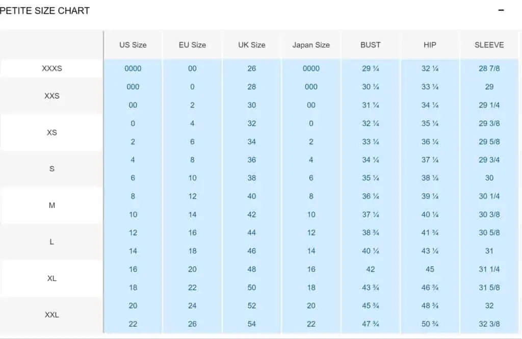 PETITE SIZE CHART