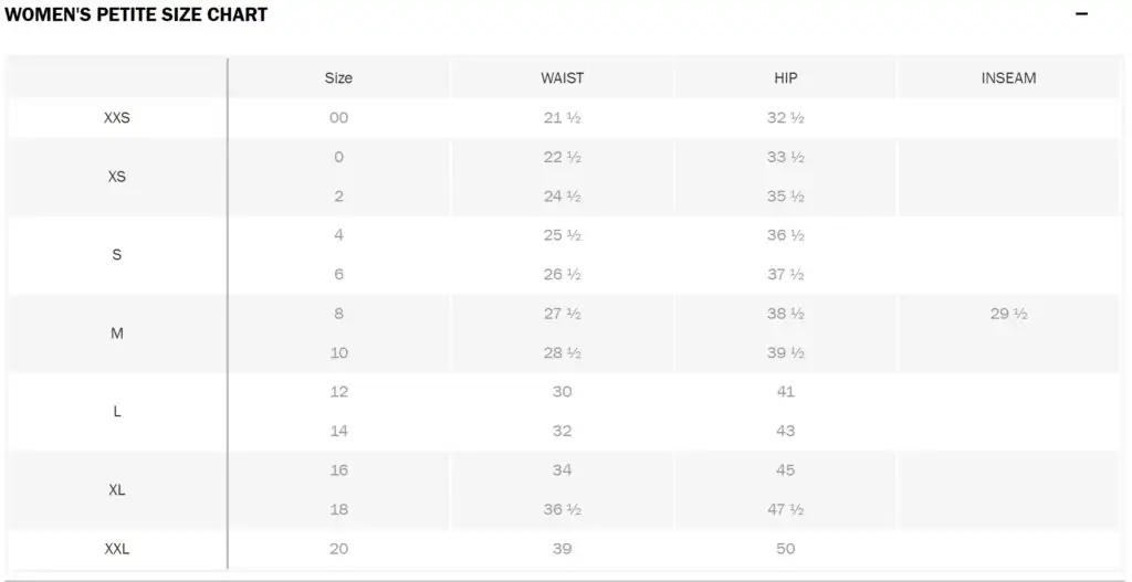 old navy petite size chart