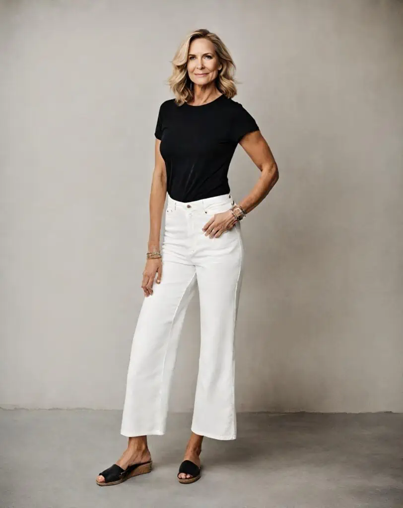 Over 50 outfits white wide-leg jeans and tshirt