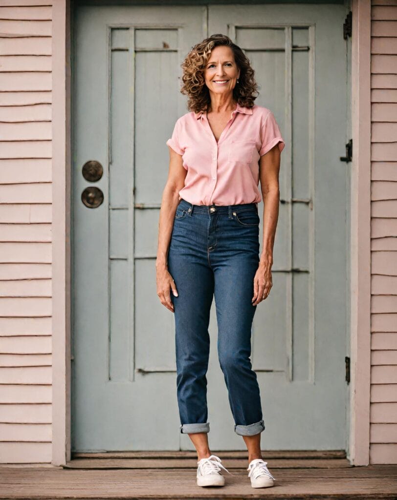over 50 outfit with pastel shirt straight jeans and white sneakers