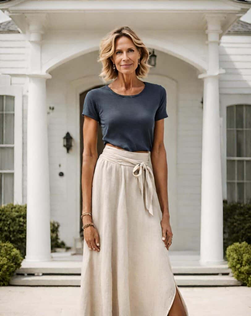 over 50 outfit with t shirt and wrap skirt