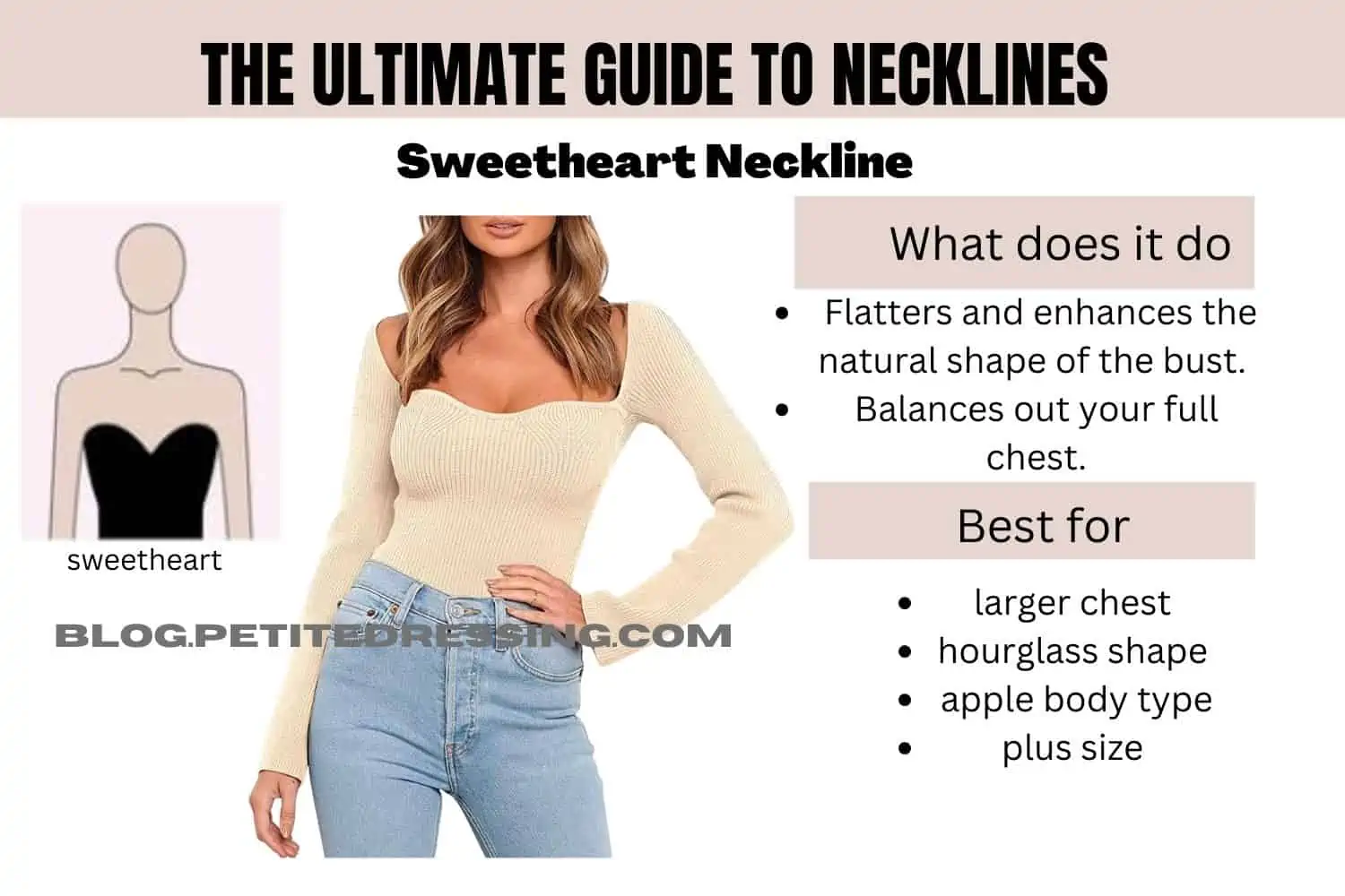 Neckline for body type, bust size, shoulder size, neck size, face shape