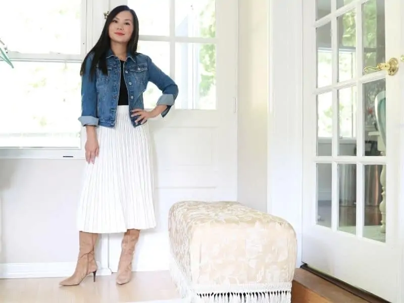 how to wear a denim jacket with pleated skirt