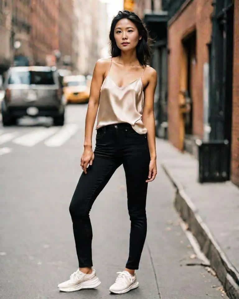 Black Jeans Outfit: champagne colored tank top