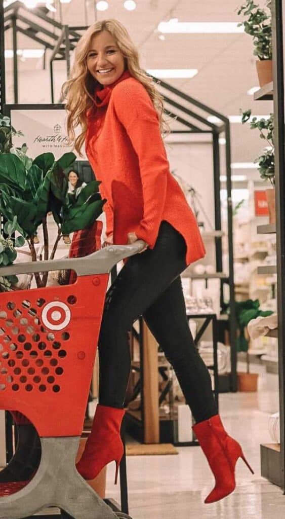 red bootie black jeans outfit