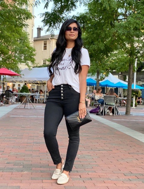 white blouse and black jeans