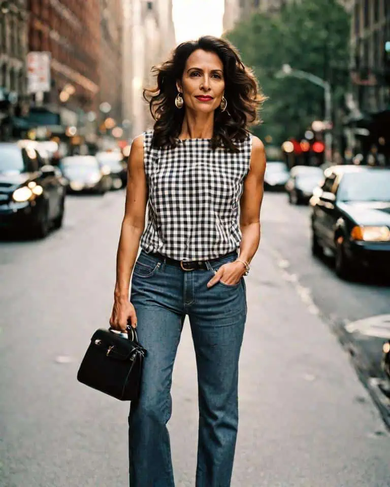 mom jeans outfits- Gingham top