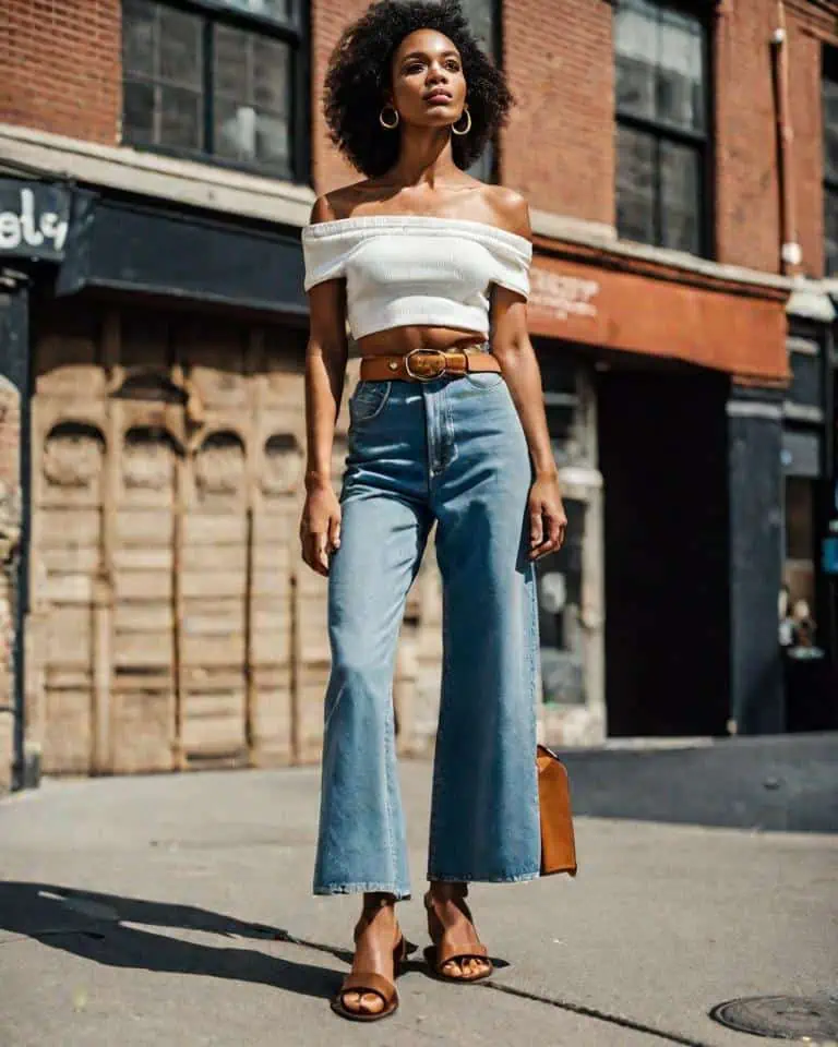 Mom Jeans outfits-Crop-top-with-high-waisted-mom-jeans-and-a-statement-belt-finished-with-sandals.