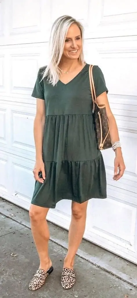 Green dress with outlet leopard shoes