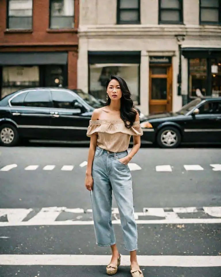 Mom jeans outfits- off-shoulder top with wedge ssandals 
