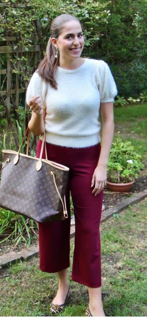 grey sweater burgundy pants