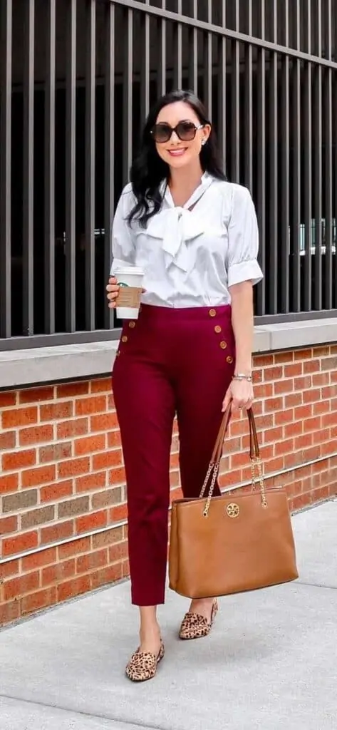 Outfit: Burgundy Jeans with a Blush Blouse and Bronze Glitter Bow Shoes -  What Lizzy Loves