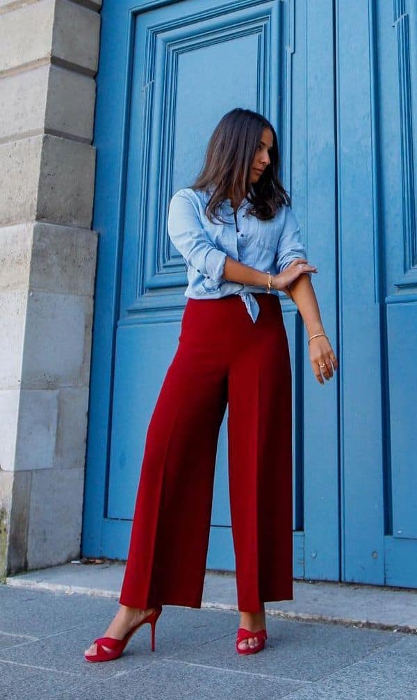 denim shirt burgundy pants