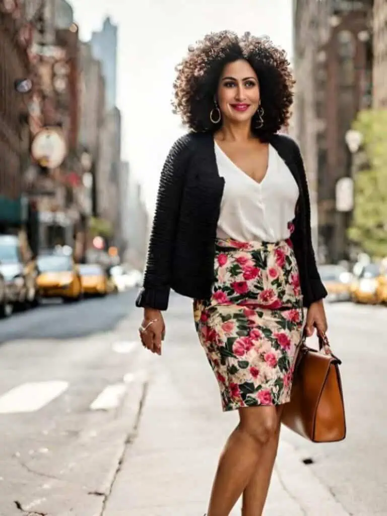 cardigan outfit with floral skirt