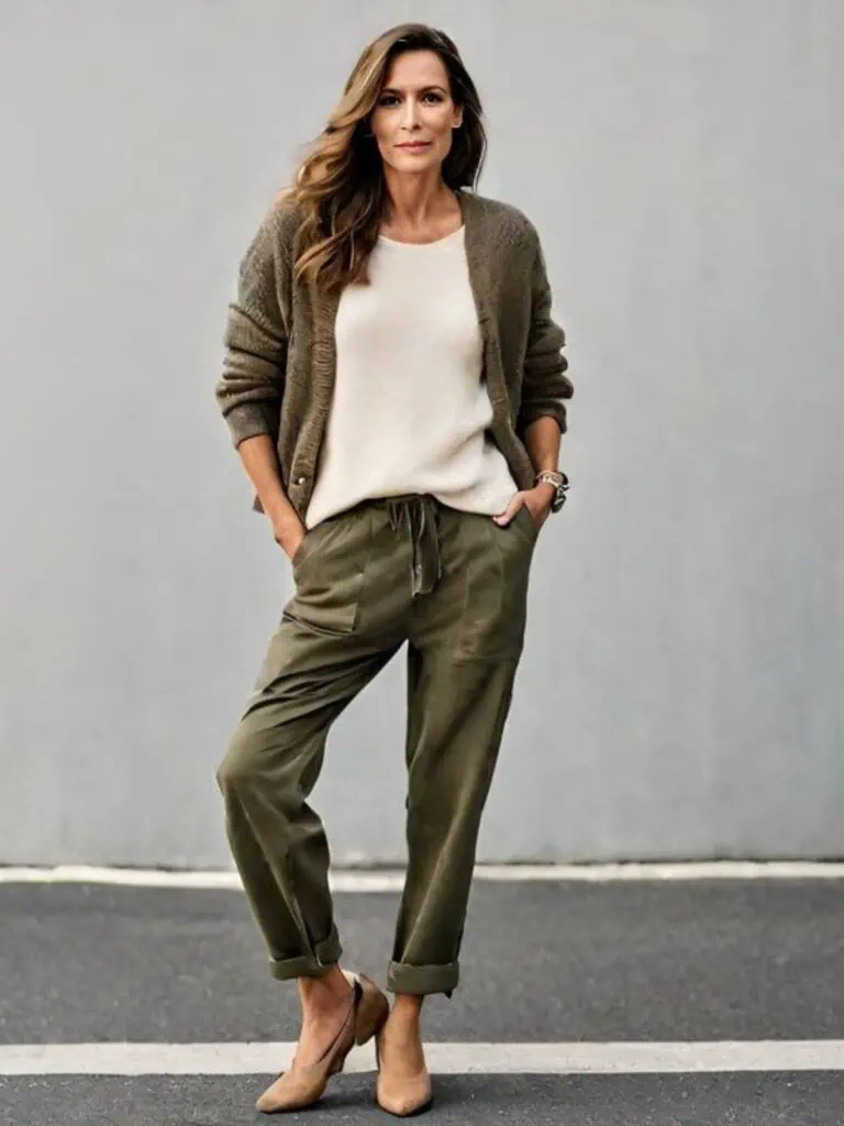 cardigan outfit with utility pants