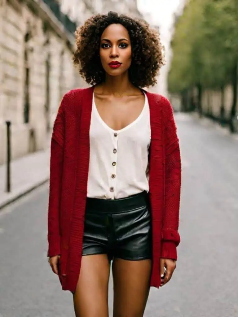cardigan with leather shorts