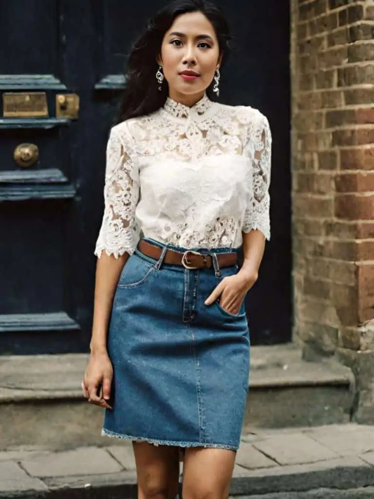 denim skirt with Lace top