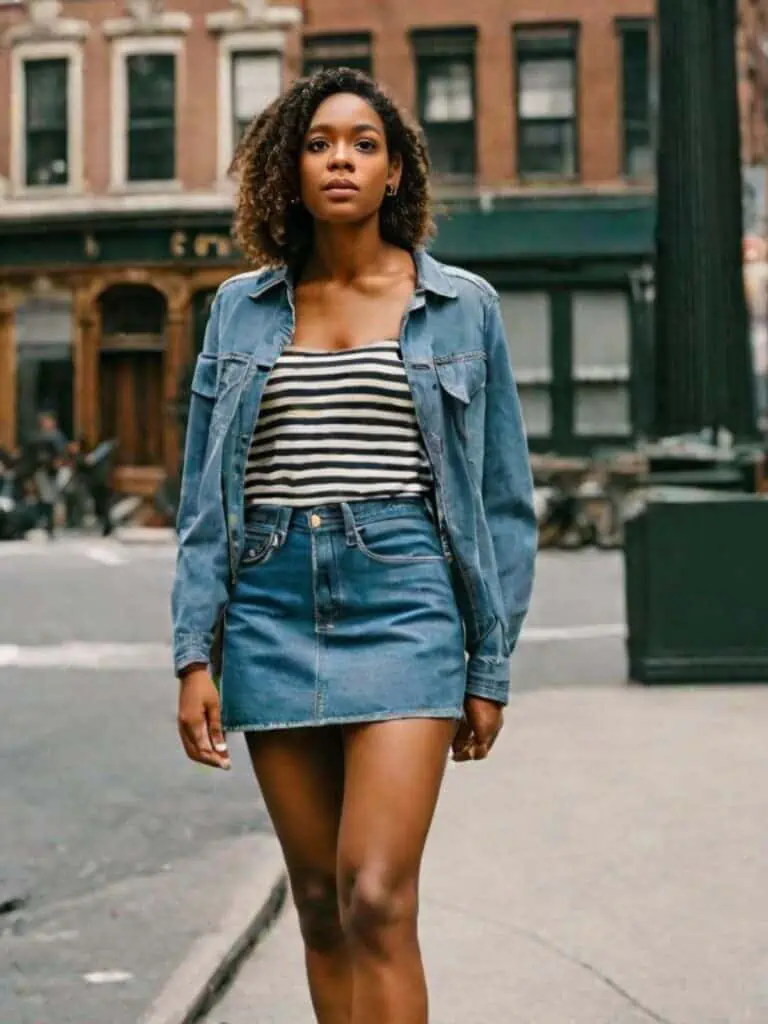 denim skirt with striped top