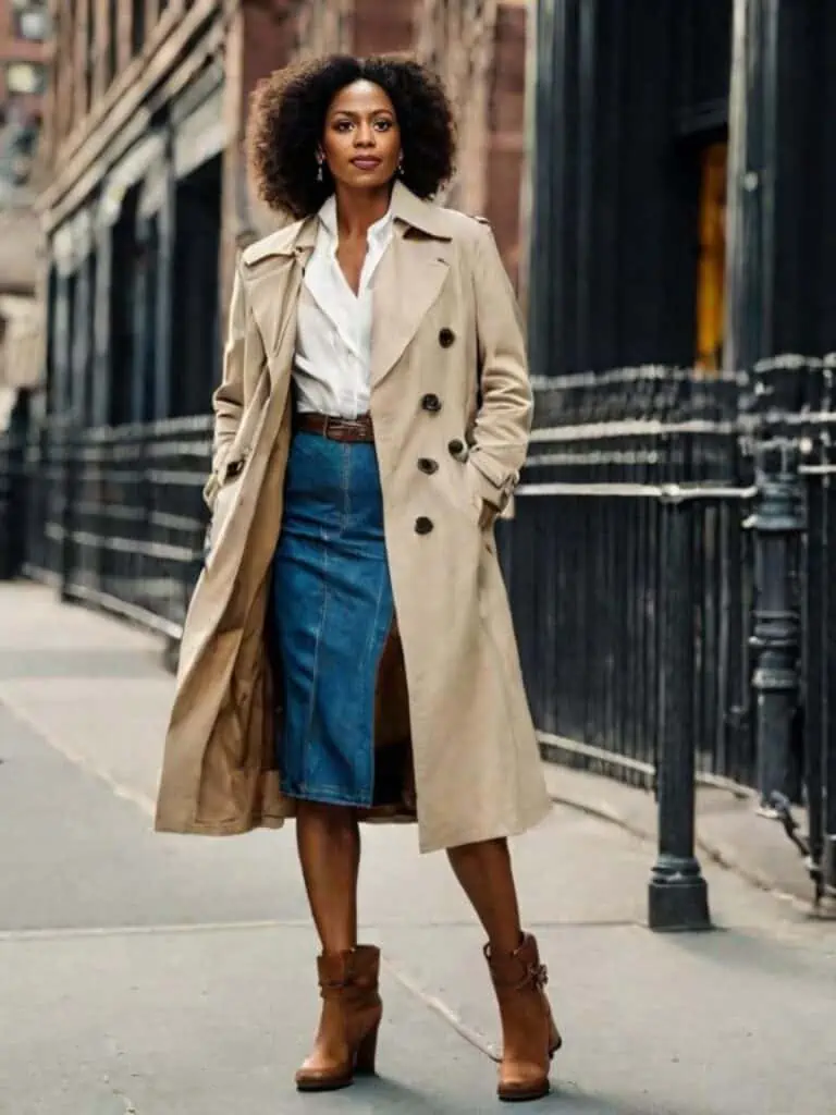 denim skirt with trench coats