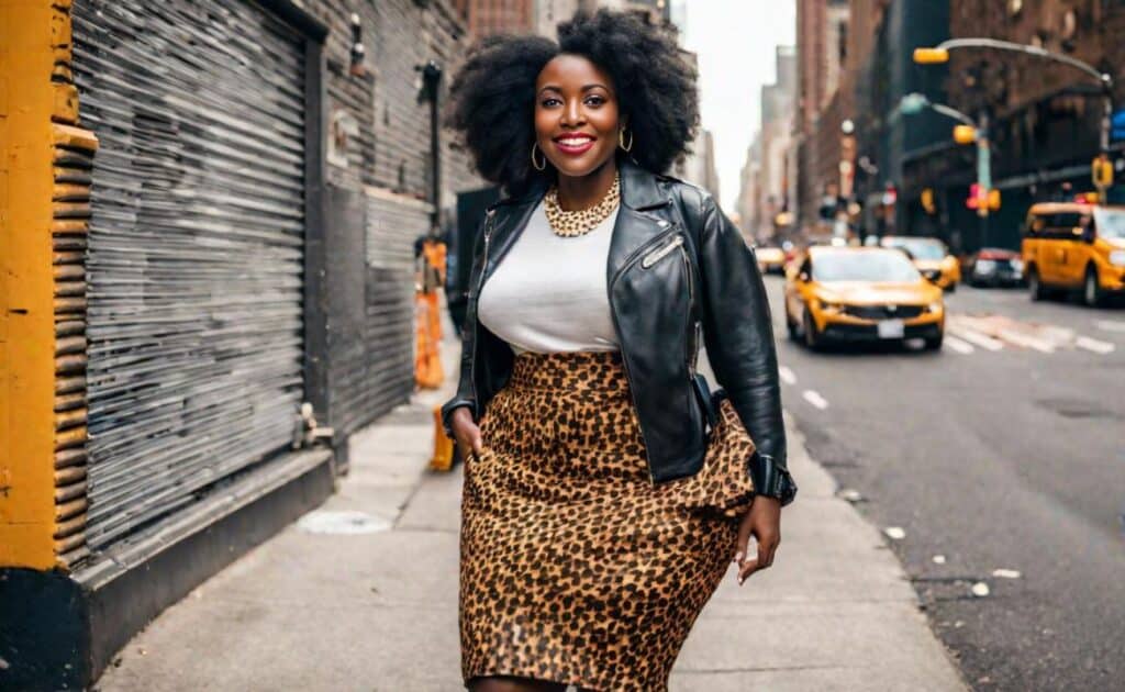 leather jacket outfits- leopard skirt