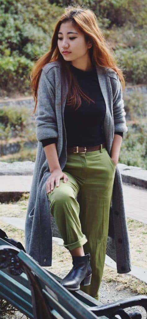 grey sweater green pants