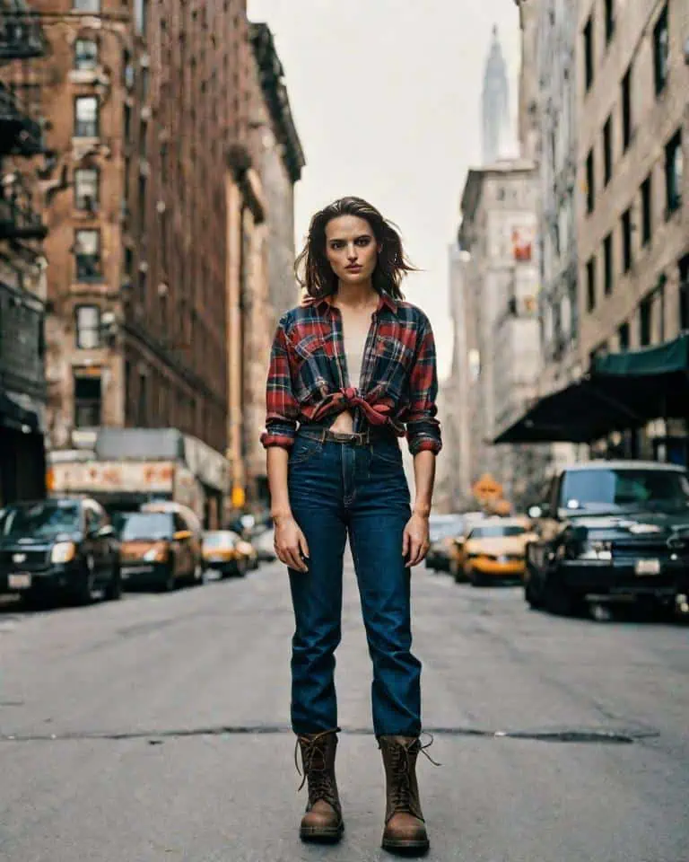 mom jeans outfits- plaid blouse with boots