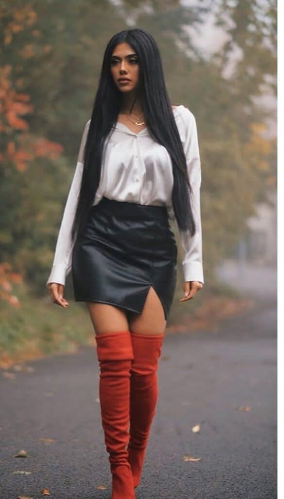 brown leather skirt and boots