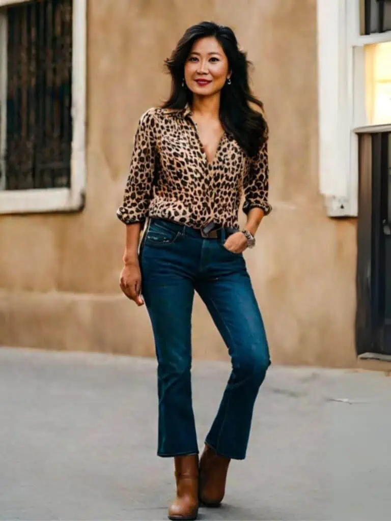 what to wear with booties-leopard print shirt