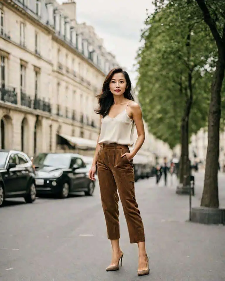Trendy tan corduroy pants with pretty white blouse and chic shoes.