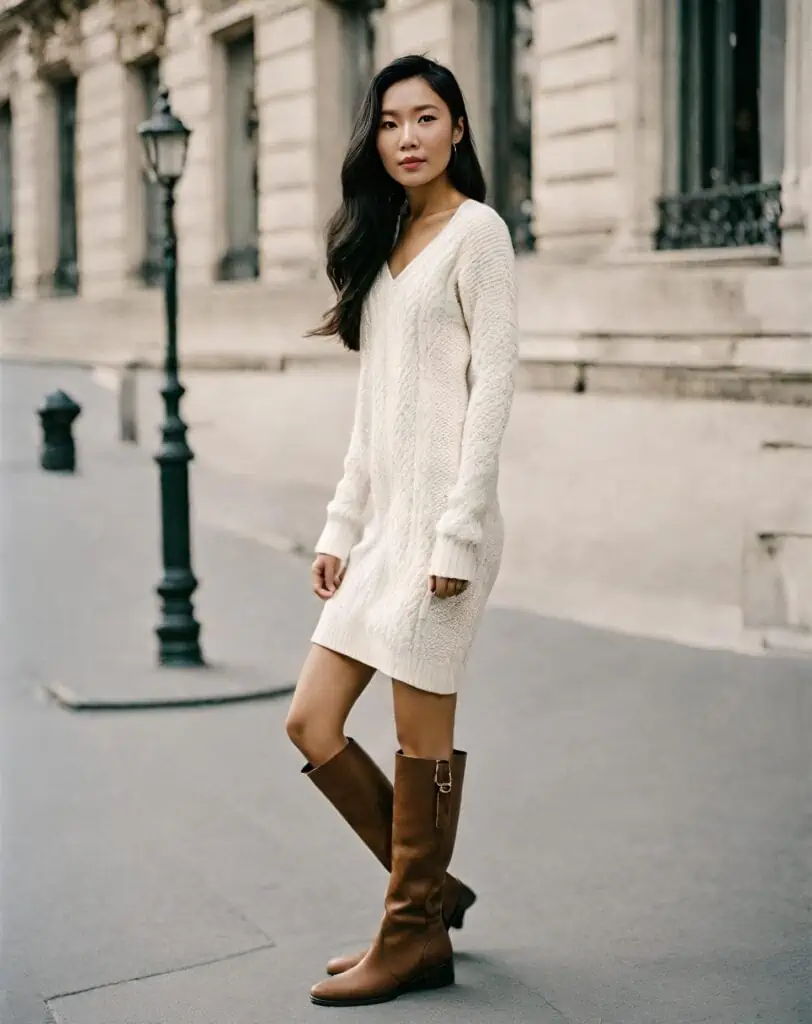 Knee-high boots outfits with white sweater dress