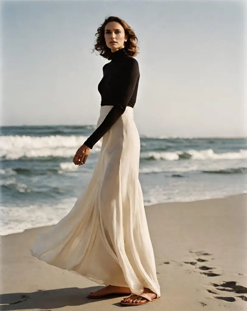 turtleneck top and a flowy maxi skirt