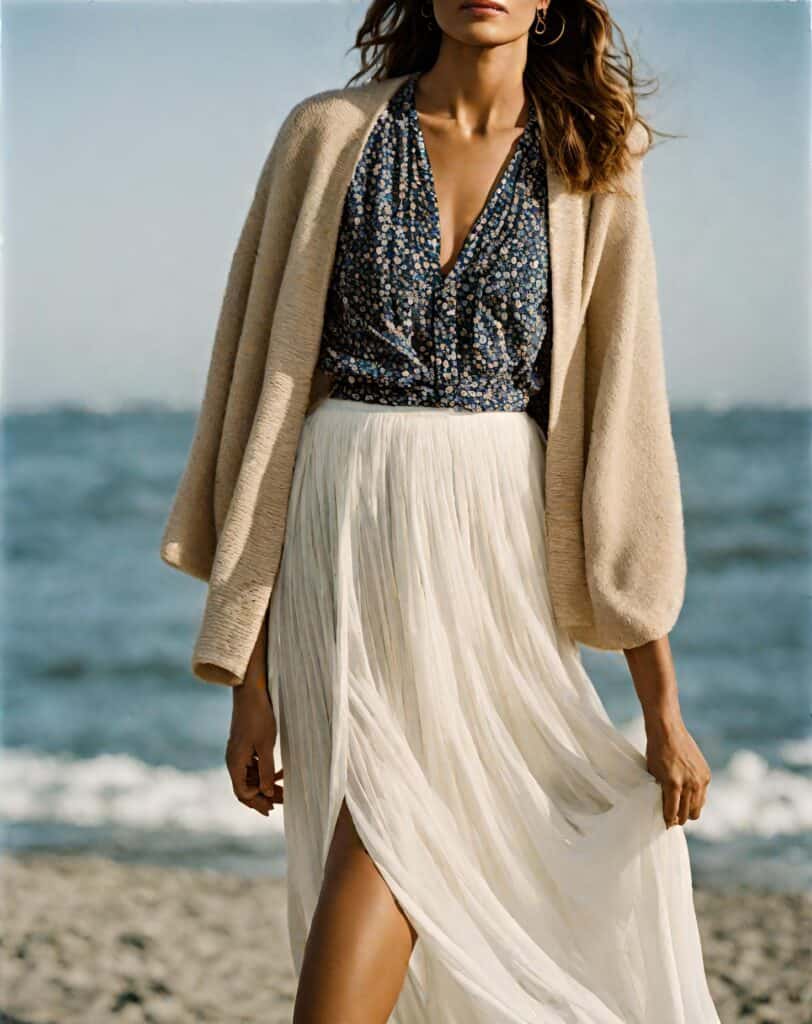 cardigan and a flowy maxi skirt