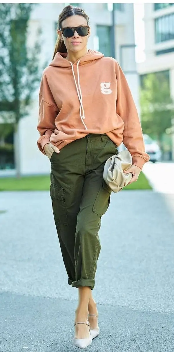 Top with store olive green pants