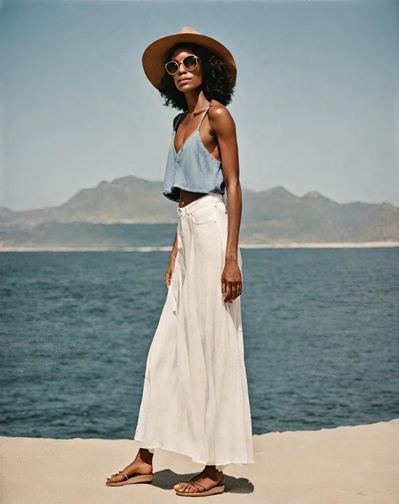 denim and a flowy maxi skirt