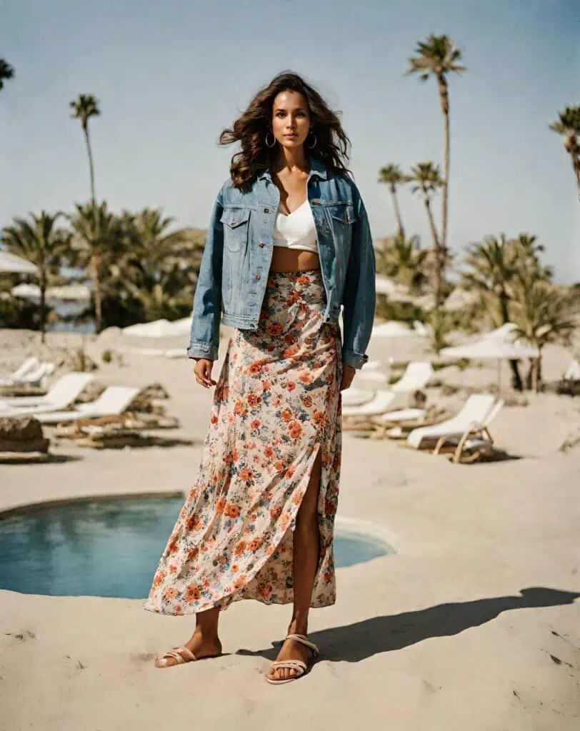   denim jacket and floral  maxi skirt a