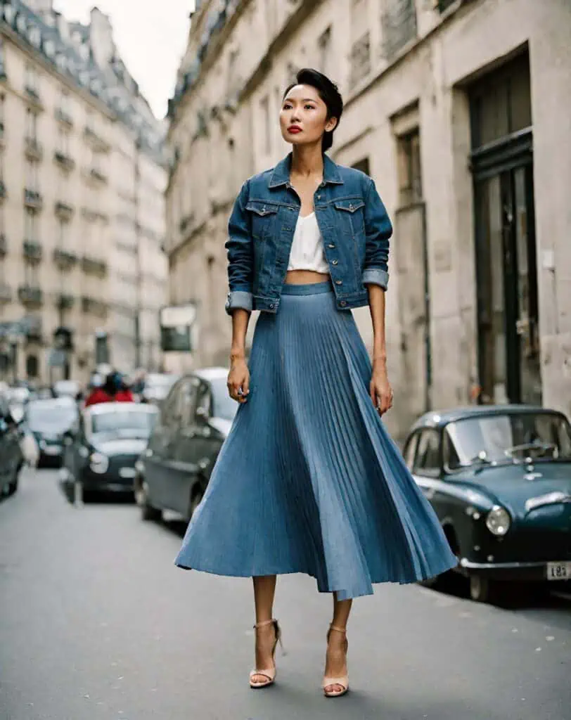 denim jacket outfit with midi pleated skirt