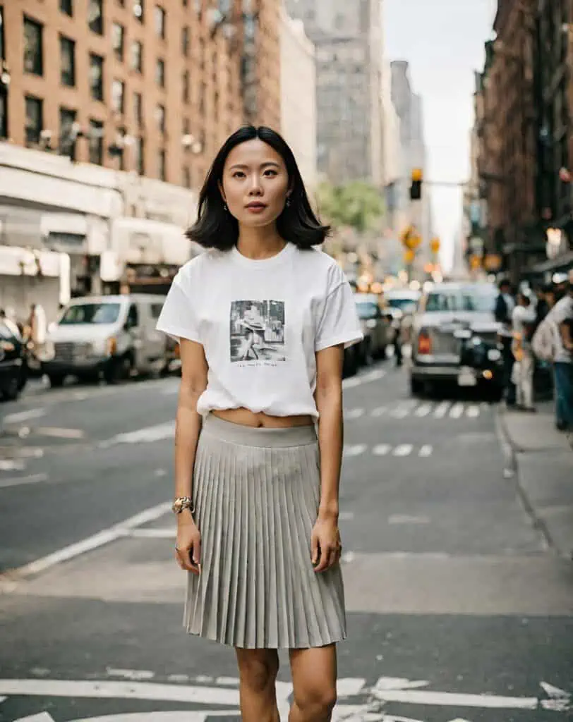 graphic tshirt with mini pleated skirt