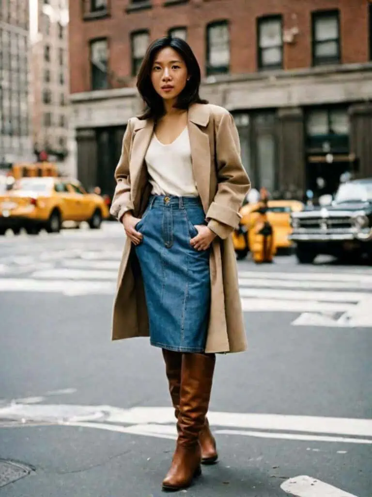 knee-high boot outfits with Denim skirts and long coat