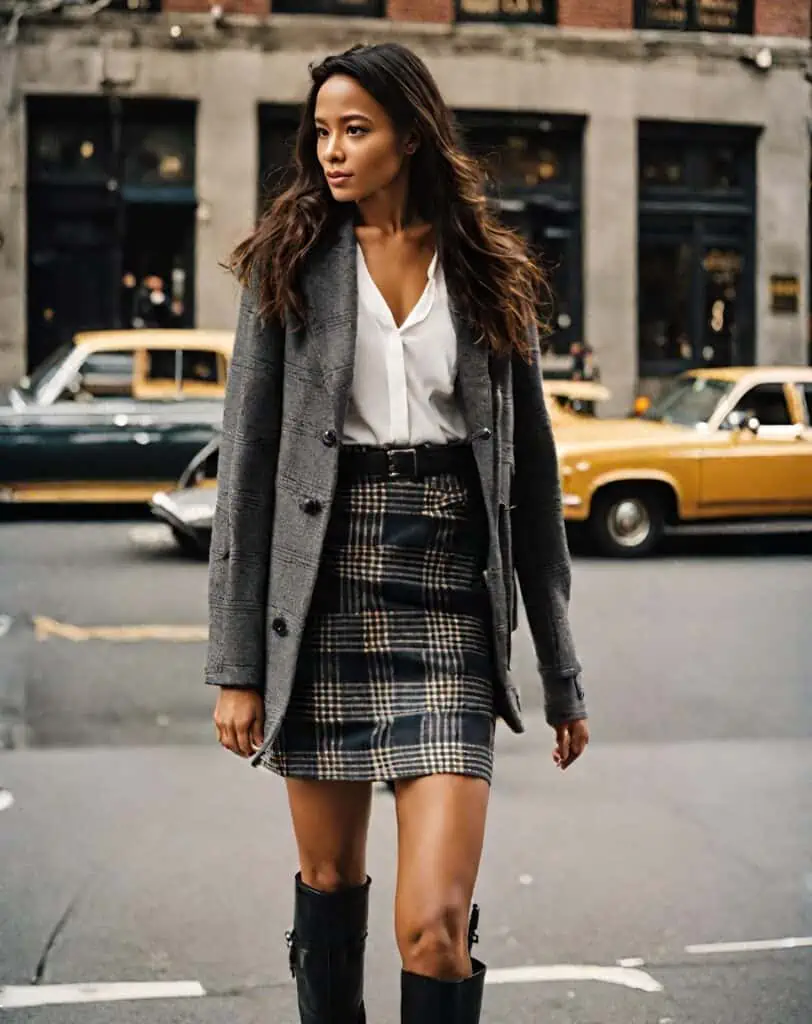 knee-high boots, and a plaid skirt