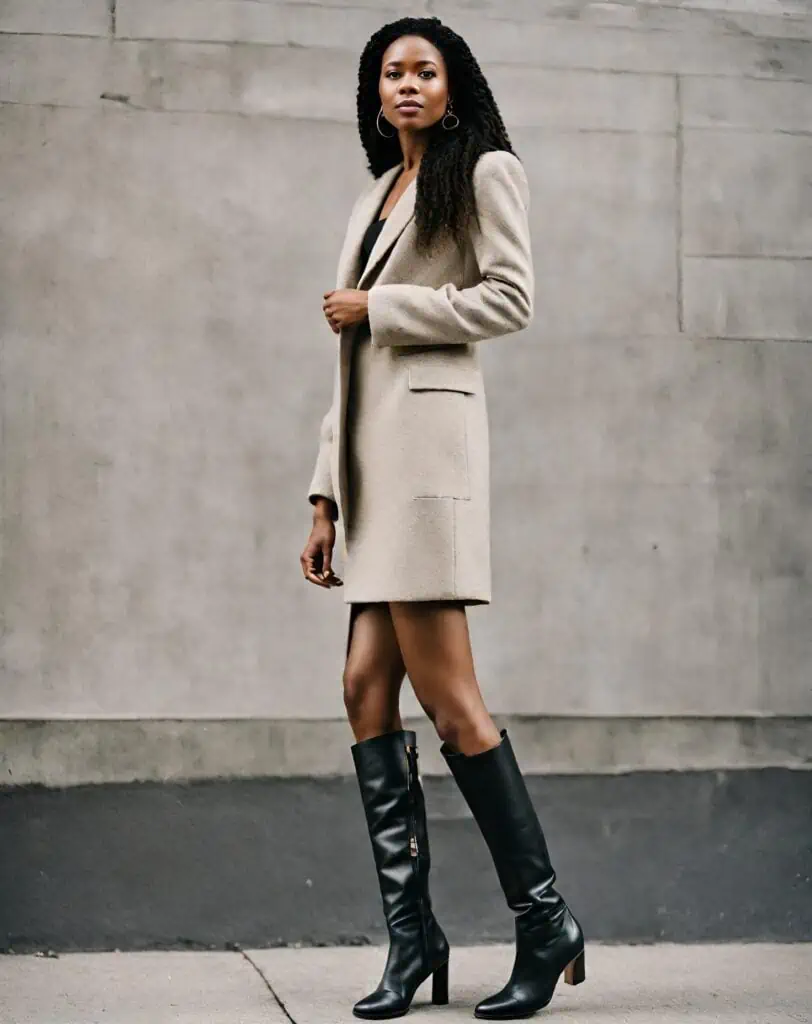 knee-high boots with single-breasted long blazer