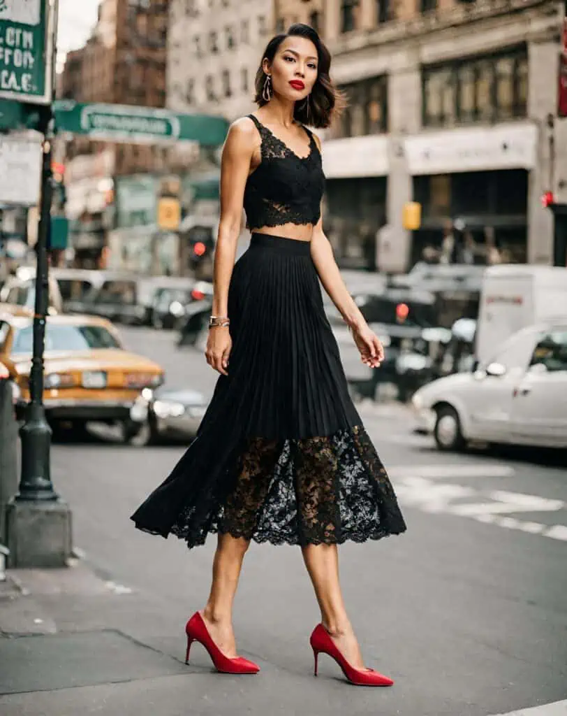 lace top and midi pleated skirt and red heels