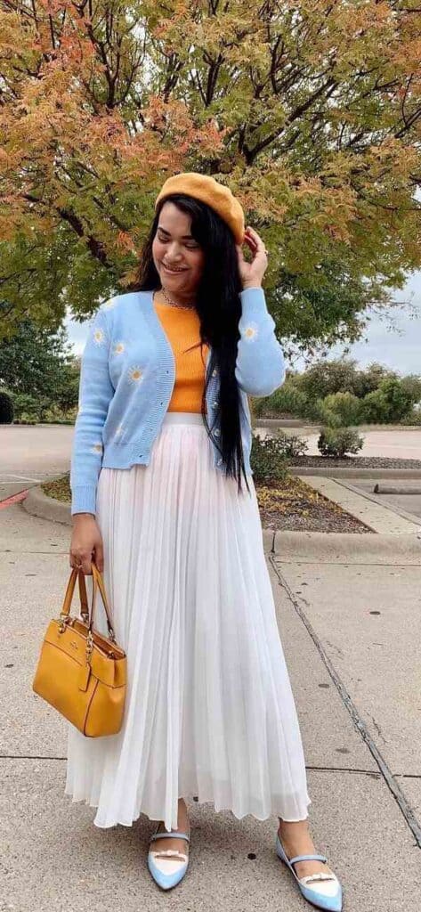 white flowy skirt and top