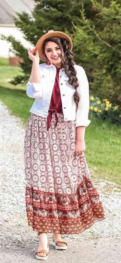 white shirt with long skirt