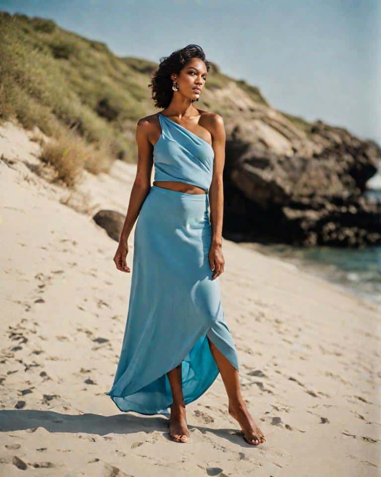 maxi skirt with one-shoulder top
