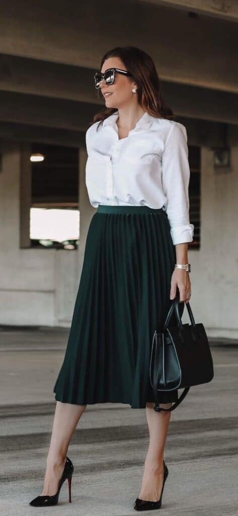 pleated skirt with white shirt