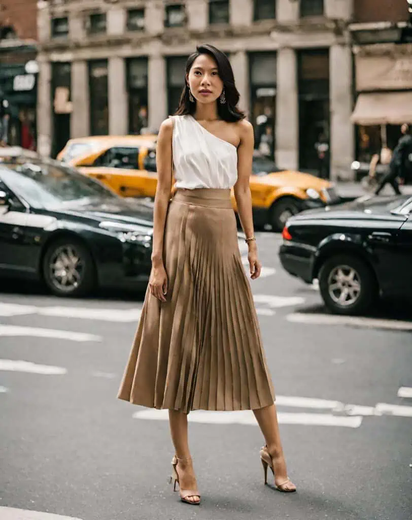 pleated midi skirt with one shoulder top